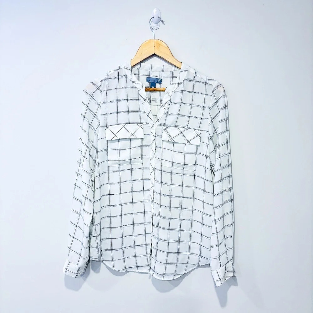 White Black Windowpane Plaid Sheer Button Front Blouse Relaxed Shirt Size 0/2